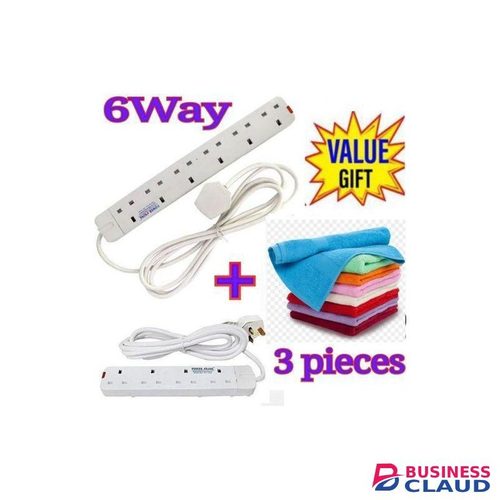Power King 6 Way Power Extension Socket 3m + Free Face Towels //white