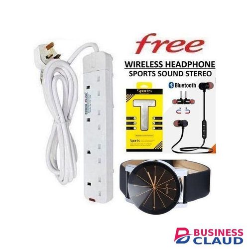 Power King COMMERCIAL & HOME BEST 4-WAY POWER EXTENSION WITH LONG CABLE + FREE NECKBAND BLUETOOTH EARPHONES & WATCH