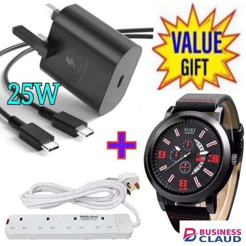 Samsung 25W For A15 Super Fast 25W USB C Charger For Type C Devices +4 Way Power Extension +Luxury Watch
