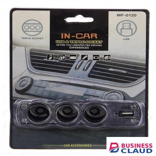 12V/24V In-Car USB 3 Way Triple Cigarette Lighter Socket Splitter Extension DC Car Adapter