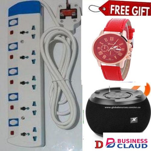 Power King GOOD EXTENSION // HOME AND OFFICE BEST 5 WAY POWER EXTENSION WITH LONG CABLE –POWER EXTENSION FOR Kettles, irons, blenders, cookers, water dispensers + C15 BLUETOOTH SPEAKER+ watch