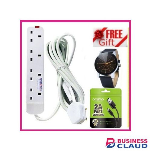 Power King Extension Power Cable > 4 Way Power Extension / Fused Power Extension / Power Extension With A Fuse - White +Quality Gifts