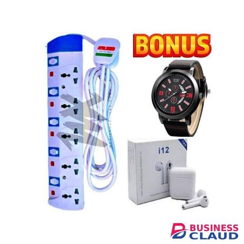 Powermax Power King BEST ELECTRIC POWER DISTRIBUTOR 5 WAY POWER SUPPLY HIGH QUALITY 5-Way POWER EXTENSION // 5 Way Plug Socket Power Outlet EXTENSION Socket With Safety Switches + FREE PHONE BLUETOOTH EARPODS // EARBUDS & WATCH & BRACELETS
