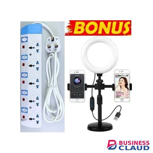 Powermax Power King Durable Extension Cable Pack – 5 Way Socket for TV, Home Appliances & Office Electronics + FREE Ring Light Phone Stand with 3 Color Fill Light – Stable Base for Makeup, Video & Streaming