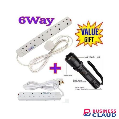 Powermax Power King 6Way> Power Extension Socket 3m Cable In 6 Way +4 Way Power Extension + Free Electric Shock Light Torch