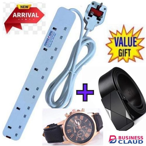 Power King 6 Way Power Extension // Power Extension Socket LONG Cable +Free Watch-Black+ Belt