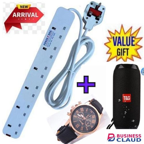 Power King 6 Way Power Extension // Power Extension Socket LONG Cable +Free Watch-Black+ Bluetooth Speaker
