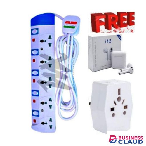Power King Heavy Duty 5 Way // 5-Way Extension Cord – Ideal For Home & Office Use + BONUS BLUETOOTH EARBUDS & MULTIPLUG POWER ADAPTOR