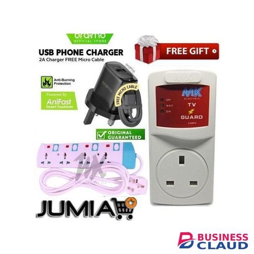 Oraimo Normal 2A Android Smartphone Fast Charging Charger + Free Frameless Smart TV Guard & 4 Way Power Extension Cable