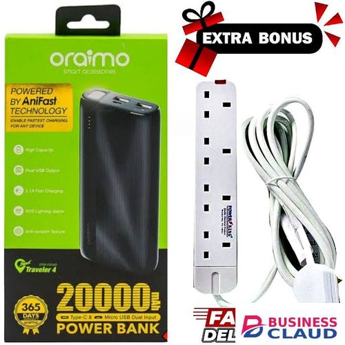 Oraimo Ultra Fast Charging Charger Highly Portable PowerBank // Power Bank 20000mAh Smartphones & Feature Phones + FREE GIFT 4 Way Power Extension
