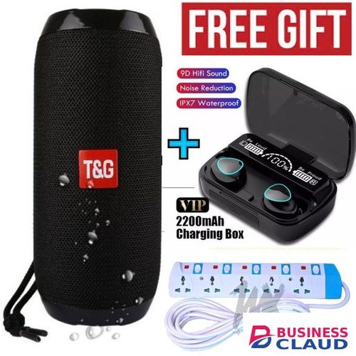T&G TG117 PORTABLE BLUETOOTH WIRELESS SPEAKER +M10 BLUETOOTH EARBUDS+5 WAY POWER EXTENSION CABLE