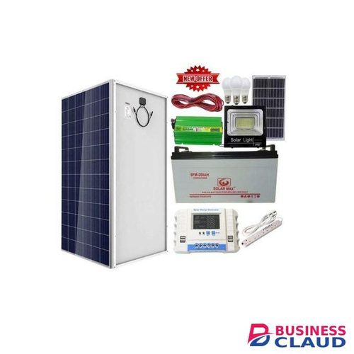 300 Watts solar panel all weather200 ah solar battery +600 Watts solar power inverter +30a h solar charge controller +3 Dc bulb +Extension + 5m red,5 black cable +free 50 Watts solar flood light