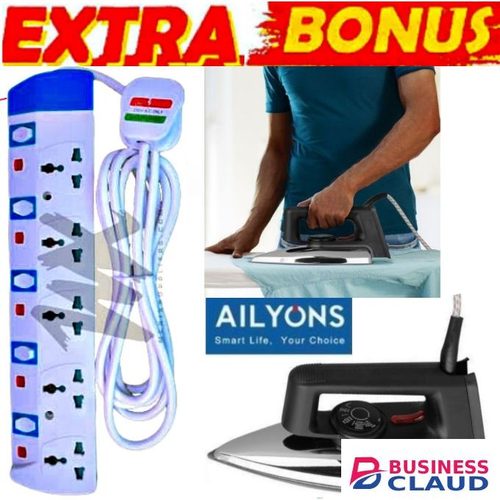 Power King HEAVY DUTY HIGH POWER 5 way Extension +EXTRA BONUS High Quality Electric Dry Iron Box 1000W With Titanium Teflon Non-Stick Soloplate // IronBox