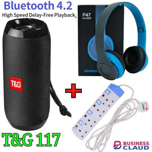 T&G TG117 PORTABLE BLUETOOTH WIRELESS SPEAKER +P47BLUETOOTH HEADPHONES+4 WAY POWER EXTENSION CABLE