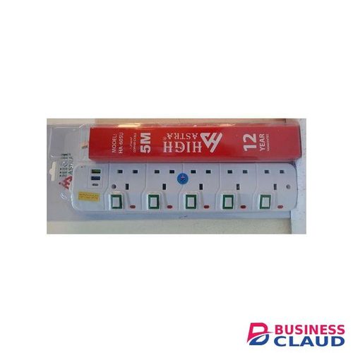 HIGH ASTRA Heavy Duty 5 Way, 2 usb.1-type C port Extension Socket with 5 Meter cable