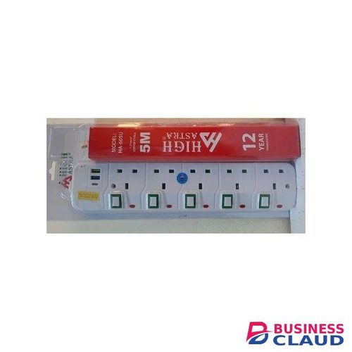 HIGH ASTRA Heavy Duty Extension Socket. 6 way board. 5M cable.2 usb.1-type C port