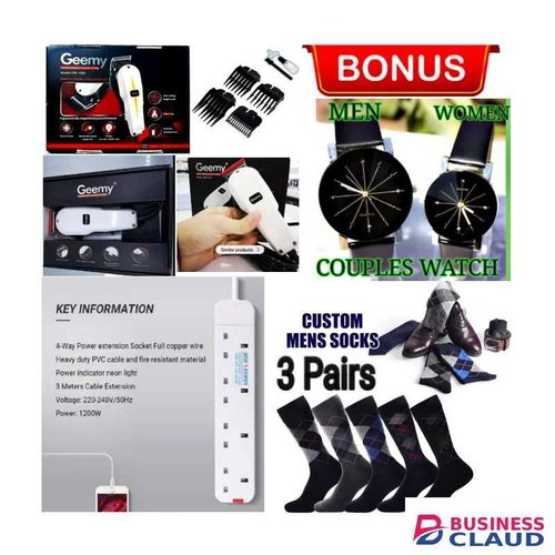 Geemy BEST PROFESSIONAL ELECTRIC HEAD SHAVER // HAIR & BEARD TRIMMER HAIR CLIPPER SHAVING MACHINE KINYOZI + COUPLE HAND WATCHES, 4 WAY POWER EXTENSION & 2 PAIRS SOCKS