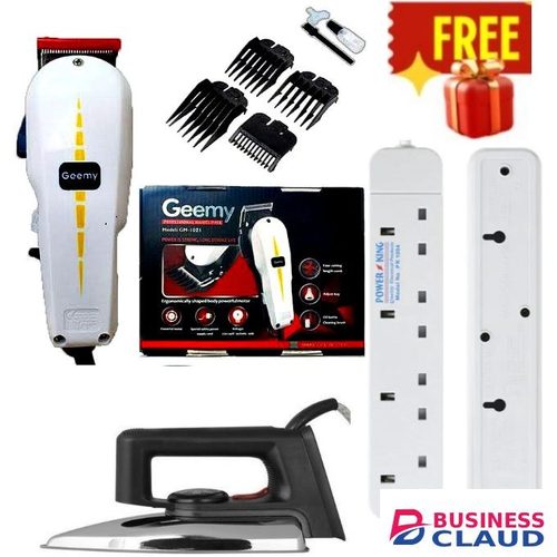 Geemy BEST FACE CARE PROFESSIONAL HAIR CLIPPER SHAVING MACHINE ELECTRIC HAIR SHAVER AND BEARD TRIMMER ALL STYLES BARBERING KINYOZI SHAVING MACHINE + BONUS ELECTRIC IRON BOX-1000W & 4 WAY POWER EXTENSION CABLE SOCKET