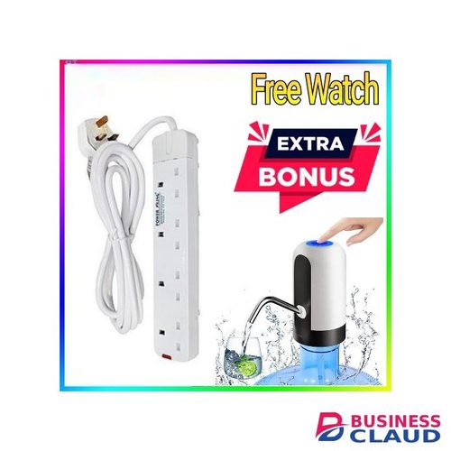 Power King 4 Way Extension Cable, 13A, 3m Long Cable -Recommended + Free Watch & Automatic rechargeable press Water Dispenser Pump