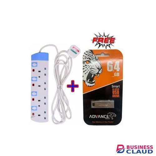 Power King 4 Way Quality Extension Socket With A 3meter Cable + Free Smart 64GB Flash Disk Drive