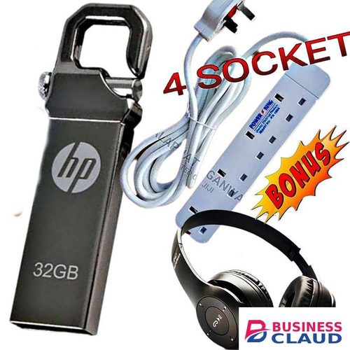 HP Ultra-Compact Pendrive 32GB USB Flash Drives USB 32GB Carrying Capacity 32 GB FlashDisk + Extra Bonus Bluetooth Wireless Headphones With Memory Card, 4Way, 4-Way Power Extension Cable Socket