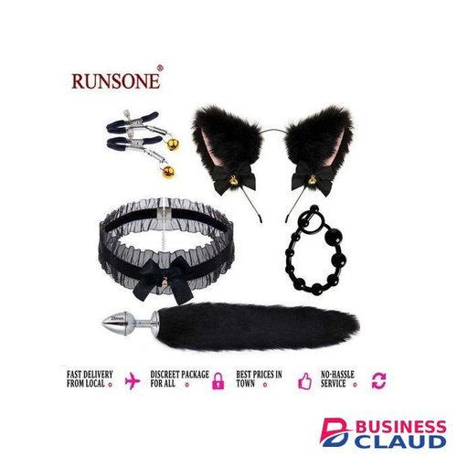 RUNSONE 5pcs Set Anus Plug Butts Beads Fox Tail Plush Cat Ears Headband Nipples Clips Cosplay Fancy Dress Up Adult BD-SM Fetishwear Costume Bondage Gear Sex Toy for Role Game Play