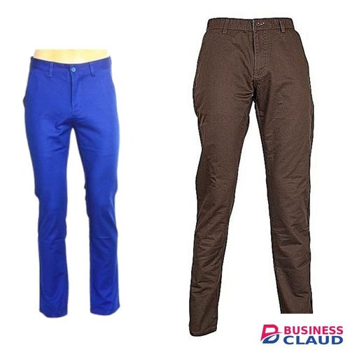 2 Soft Khaki Men's Trouser Stretch Slim Fit Casual- Bright Royal Blue & Dark Brown