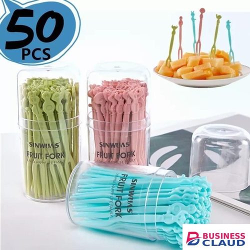 50pcs Plastic Reusable Forks Stick Food Picks Cocktail Fruit Fork Set for Party Cake Salad and Snack Decoration Baking Shop Supplies