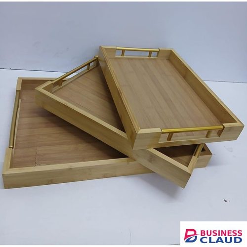 3 in 1 Bamboo Serving Tray Set – 3 Sizes with Gold Handles, Eco-Friendly Bamboo Serving Platters for Tea, Snacks, Breakfast, Home & Party, Durable, Stylish & Lightweight