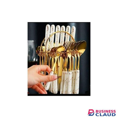 24 Pcs Stainless Steel Marble White and Gold Cutlery Set with Stand – Elegant Dinnerware for Home and Parties