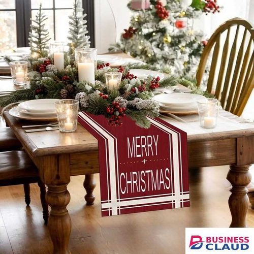 Merry Christmas Linen Table Runner 275cm Festive Holiday Dining Decoration Elegant Red and Green Table Cloth Accent for Home Parties