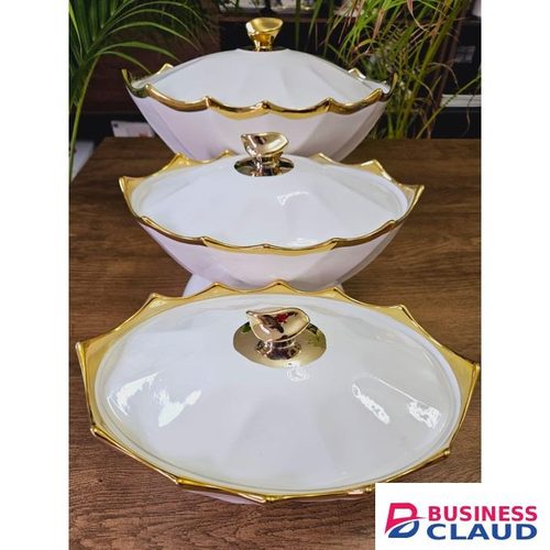 3-Piece Oval White Gold Serving Pot Set – Elegant Buffet & Food Serving Dishes for Home & Parties