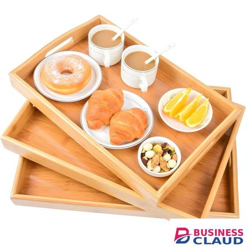3 Pack Exquisite Bamboo Serving Trays Wooden Serving Trays with Handles, Bamboo Trays for Serving Food, Perfect for Dinner, Tea, Bar, Breakfast, and Food for Parties, Bed, & Kitchen