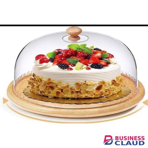 High quality bamboo base cake fruit stand with high quality acrylic top dome cover 30cm base, perfect for displaying cakes and fruits, durable bamboo stand with clear acrylic dome, stylish and hygienic food display for parties and kitchen use