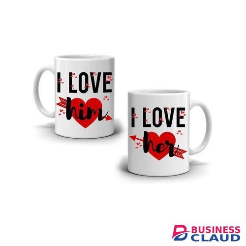 Couple’s Ceramic Mug Set – “I LOVE Him” & “I LOVE Her” Design