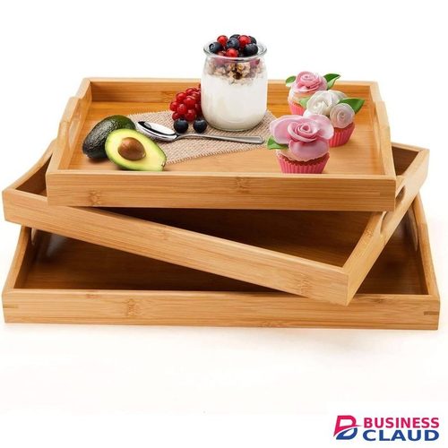 Heavy-Duty3 Pack Bamboo Serving Tray, Wooden Serving Trays with Handles, Bamboo Trays for Serving Food, Perfect for Dinner, Tea, Bar, Breakfast, and Food for Parties, Bed, & Kitchen