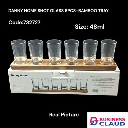 Danny Home 6 Piece Shot Glass Set with Premium Bamboo Serving Tray – 48ml Durable Glassware for Parties, Tastings, and Home Bar Decor