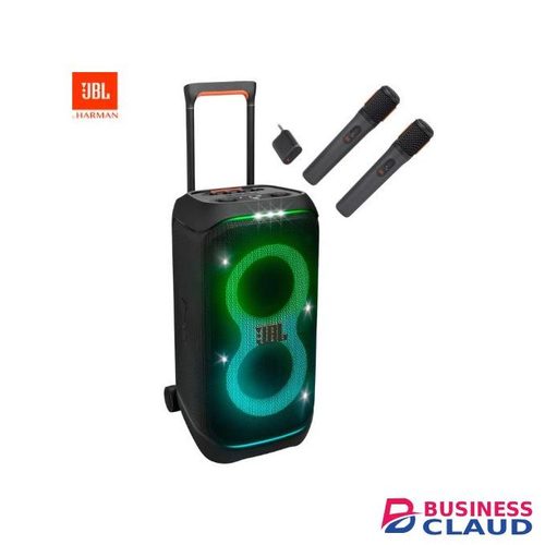 Jbl PartyBox Stage 320 Portable Party Speaker with Wireless Mics, Up to 18 hours of play time on a single charge & Splashproof - Black