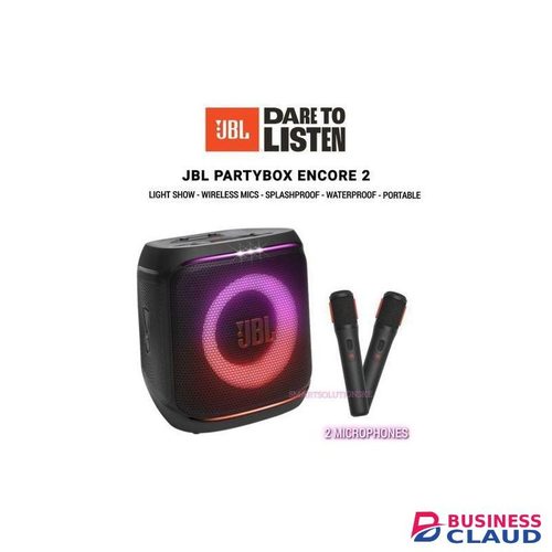 Jbl PartyBox Encore 2 Portable Bluetooth Speaker with Two Wireless Mics and AI Boost, 15H Battery, Dynamic Lights, Auracast, Karaoke & Guitar Input, IPX4 Splash proof
