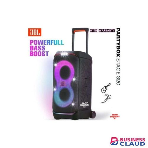 Jbl PartyBox Stage 320 - Portable Party Speaker with Telescopic Handle & Wide, Sturdy Wheels, Powerful Pro Sound, Futuristic lightshow, Up to 18 Hours of Play time, Splash Proof (Black)