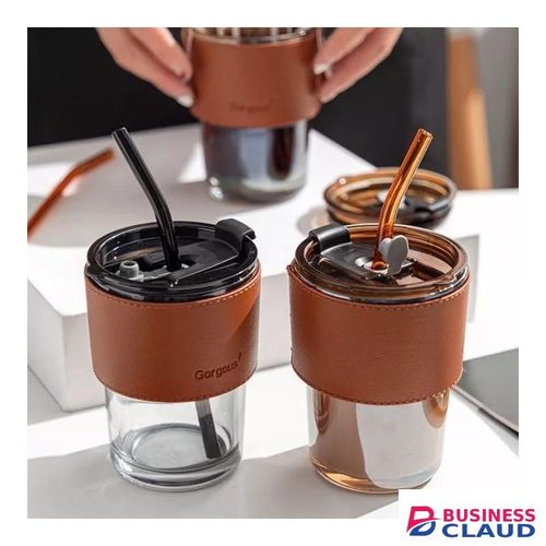 slub glass smoothie cup with STRAW and leather cover - Material glass with leather cover