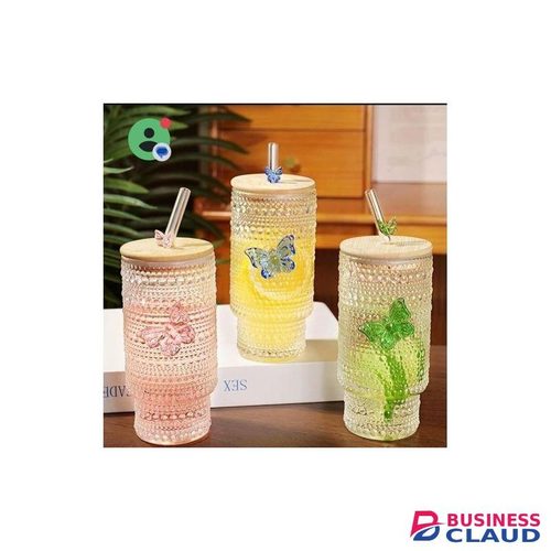 glass bamboo drinking glass cup/tumbler with lid + straw 475ml