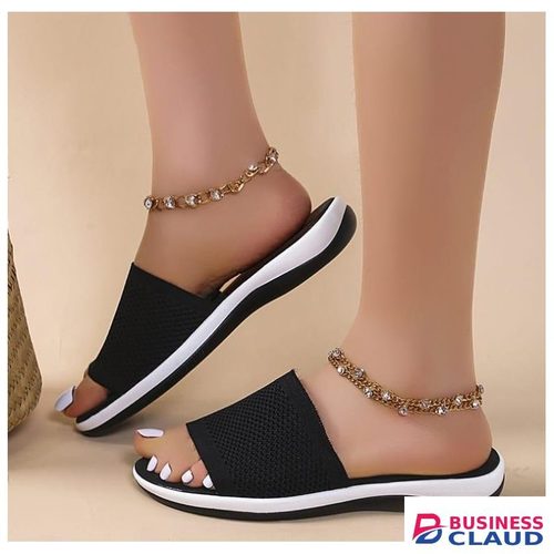Women's Black Knit Mesh Open-Toe Casual Slide Sandals