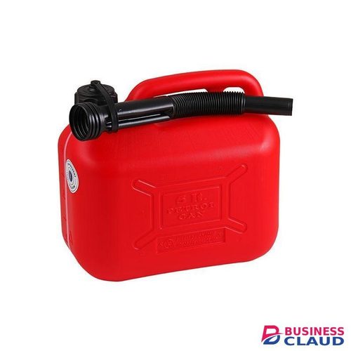 Red plastic fuel jerry can, typically used for storing and transporting fuel like petrol or diesel
