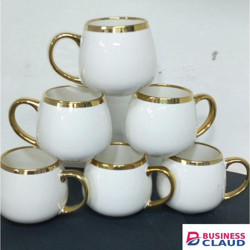 Ceramic 250ml Porcelain Cups With Gold Handle and Gold Rim 6pcs