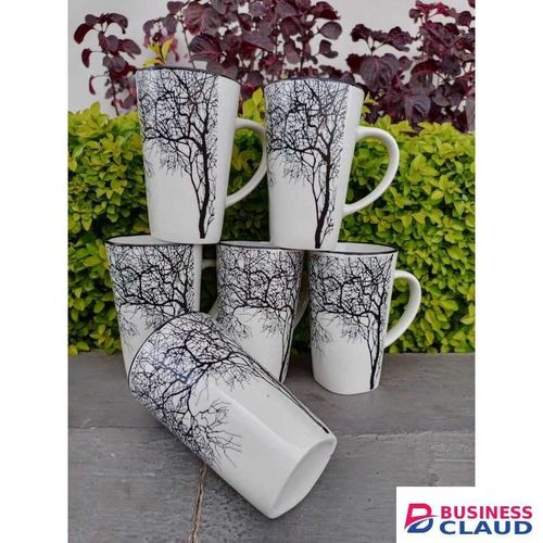 Set of 6 Ceramic Tree Design Coffee Mugs - 350ml Black & White Nature Mugs