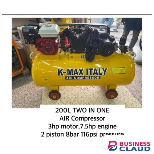 K-MAX ITALY AIR COMPRESSOR 200L TWO IN ONE AIR Compressor 3hp motor,7.5hp engine 2 piston 8bar 116psi pressure
