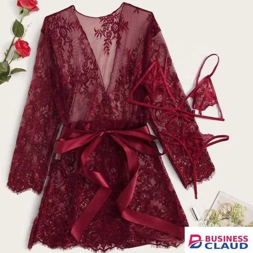 Mesh and lace three-piece lingerie set