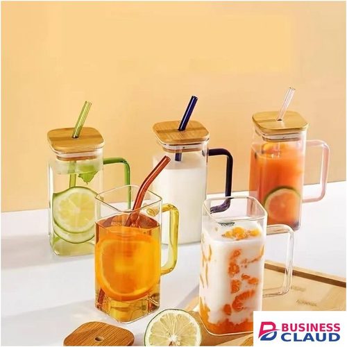 Square Smoothie Glass Cups with Bamboo Lid with straw