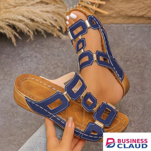 Blue Women's Roman Style Summer Wedge Sandals with Gold-Tone Buckle Accents